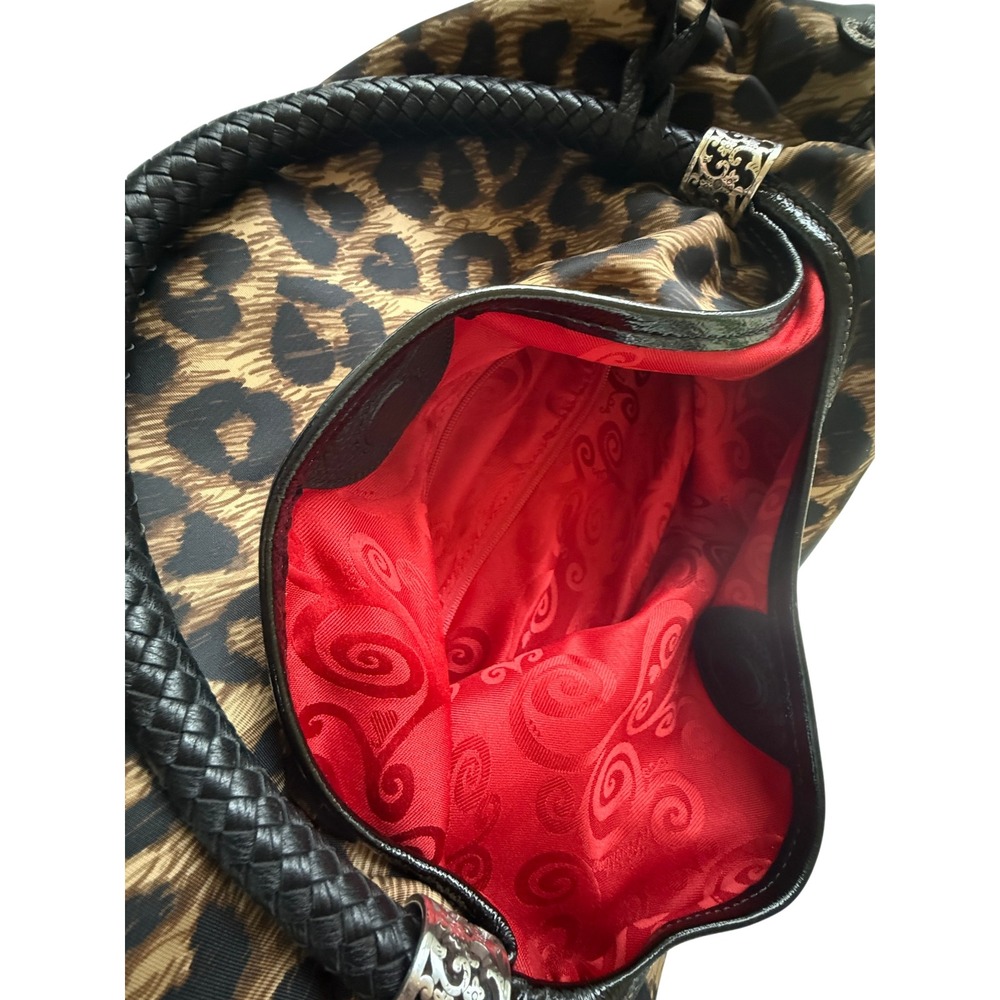 VTG Brighton Leopard Print Nylon Hobo Bag Braided Leather Handle Silver Y2K - Picture 11 of 16